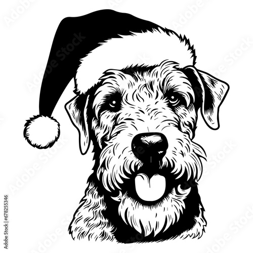 Cute Airedale Terrier Dog wearing Santa hat head, Christmas illustration, Generative AI.