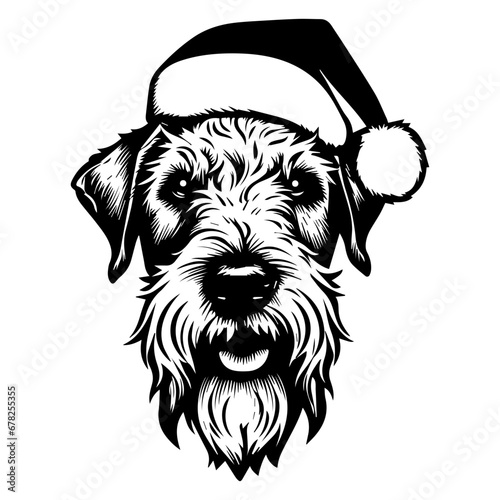 Cute Airedale Terrier Dog wearing Santa hat head, Christmas illustration, Generative AI.