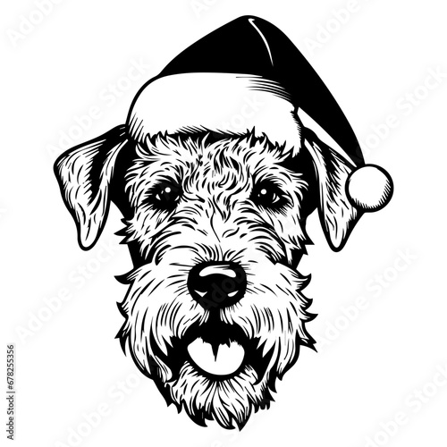 Cute Airedale Terrier Dog wearing Santa hat head, Christmas illustration, Generative AI.