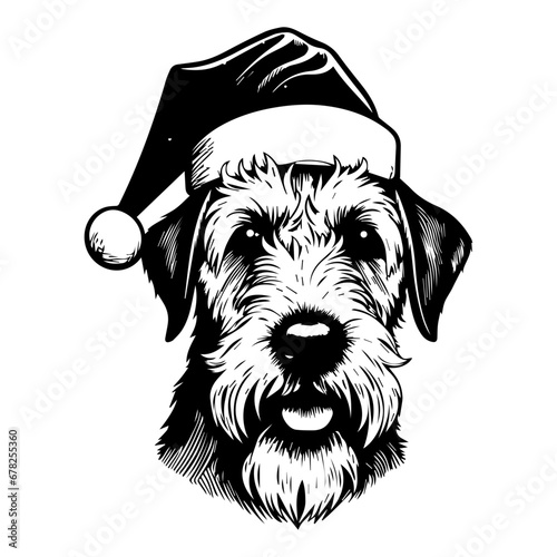 Cute Airedale Terrier Dog wearing Santa hat head, Christmas illustration, Generative AI.