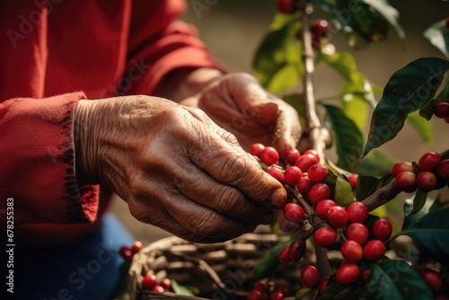 farmer harvests ripe coffee beans from organically grown Arabica and Lobusta coffee trees,Robusta and arabica coffee berries with agriculturist ,generative Ai