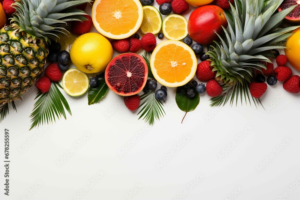 Rich variety of tropical fruits on white background with copy space healthy food concept