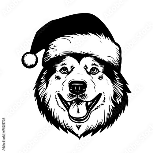 Cute Alaskan Malamute Dog wearing Santa hat head, Christmas illustration, Generative AI.