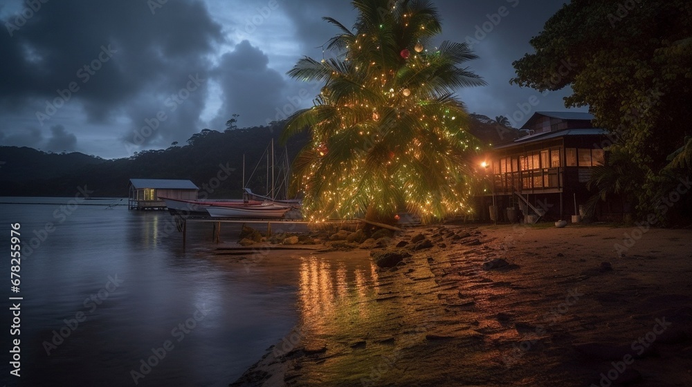 Fototapeta premium Tropical beach in the evening with christmas tree and lights. Generative AI.