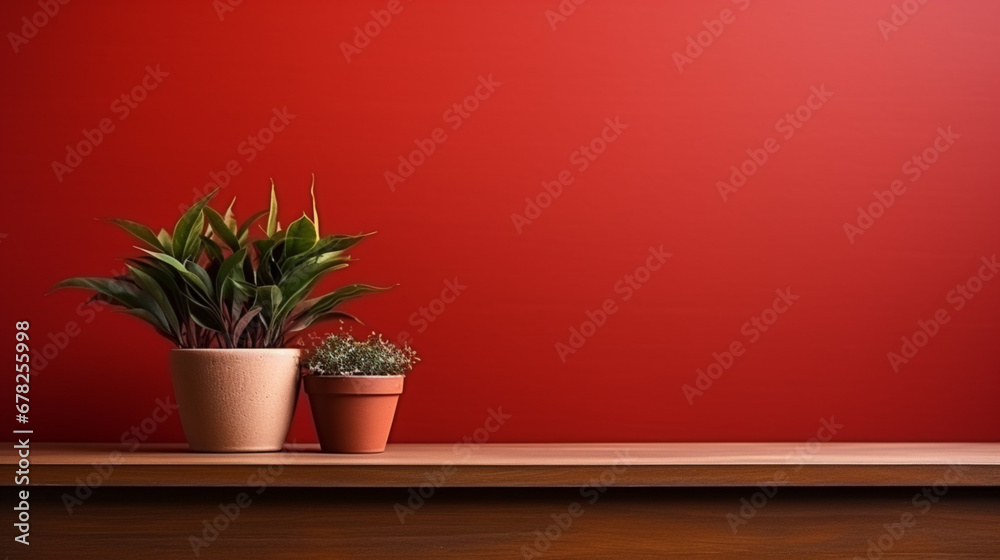 flower pot standing on wooden counter and copy paste space