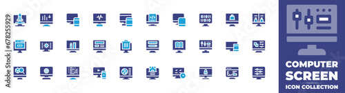 Computer screen icon collection. Duotone color. Vector and transparent illustration. Containing startup, responsive, devices, shopping, coding, graphic, trash bin, ebook, explorer, algorithm.