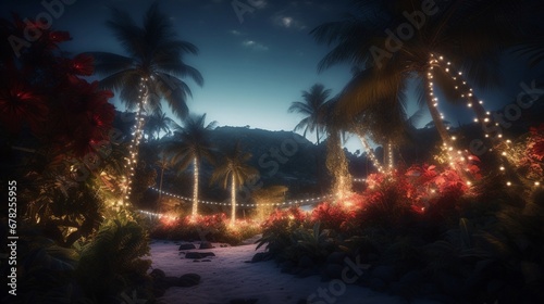 Tropical beach with palm trees and christmas decorations at night. Generative AI.