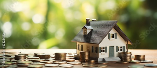 Tiny house sell property with money coins blur background. AI generated image