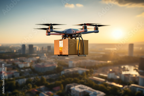 Drone graping carring a package box and delivery to customer, Parcel delivery via drone, Autonomous delivery robot, transportation concept