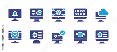 Computer screen icon set. Duotone color. Vector illustration. Containing weather, manufacturer, binary code, online learning, monitor, networking, cloud computing, love, desktop, ecommerce. © Huticon