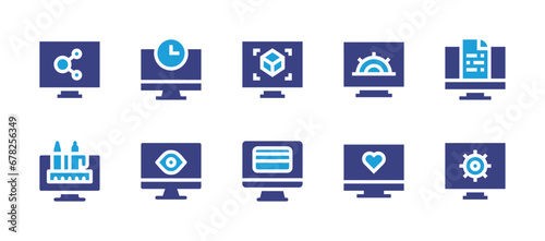 Computer screen icon set. Duotone color. Vector illustration. Containing clock, computer, connect, d scanner, data, edit tools, online payment, settings, like.