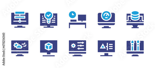 Computer screen icon set. Duotone color. Vector illustration. Containing data, workaholic, coin, weather, settings, graphic tool, light bulb, overload, design, information.