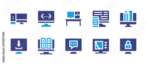 Computer screen icon set. Duotone color. Vector illustration. Containing desktop, office, graphic design, download, chat, padlock, css, responsive, catalogue, configuration.