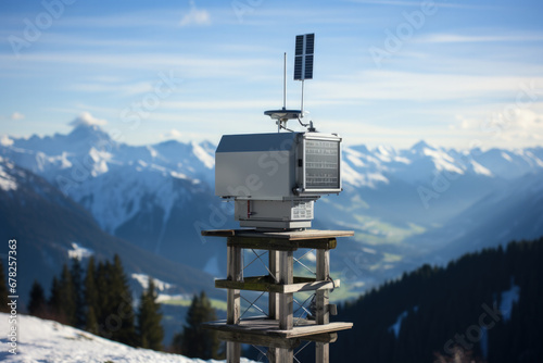 Weather station equipment in alpine region background with empty space for text 