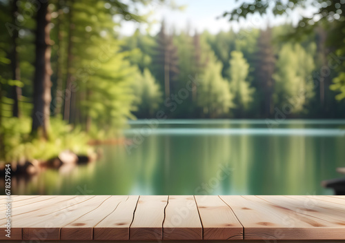 The empty wooden table top with blur background of summer lakes green forest. AI Generative © DAR