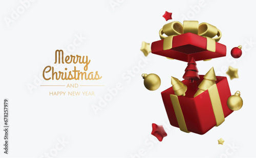 New Year or Christmas sales design template. Vector illustration. Winter background with decorative gift box and gold stars