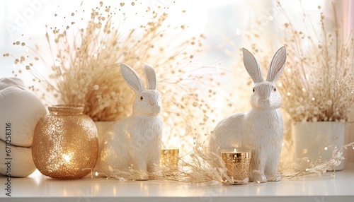 Two decorative bunny figurines seated on a tabletop with candles, twinkling fairy lights, vases filled with grass. Elegant decoration in a dreamy and romantic style. Nordic, modern spring mood.