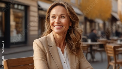 Portrait of a smiling woman in her 50s on the background of a street café. .AI