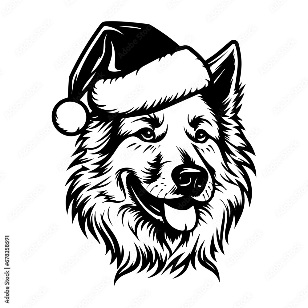 Cute belgian shepherd Dog wearing Santa hat head, Christmas illustration, Generative AI.