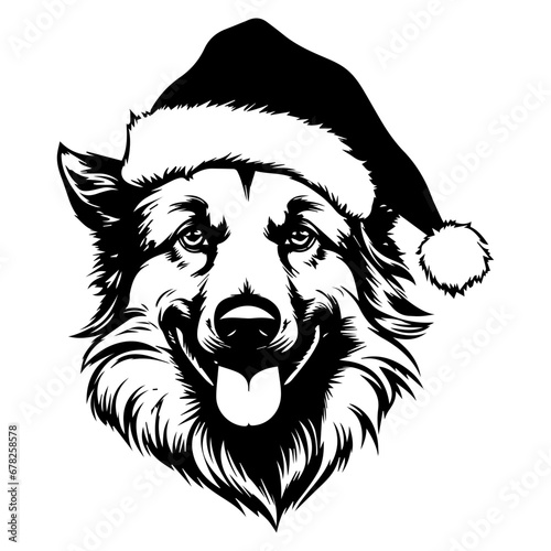 Cute belgian shepherd Dog wearing Santa hat head, Christmas illustration, Generative AI.