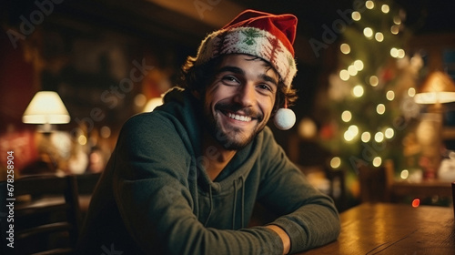 Portrait of smiling man in santa hat sitting at table in cafe.