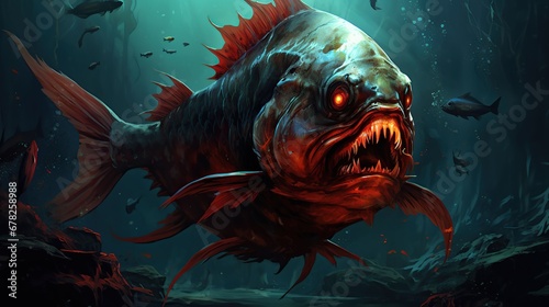 Piranha monster fish underwater killer zombie fish on dramatic background photo