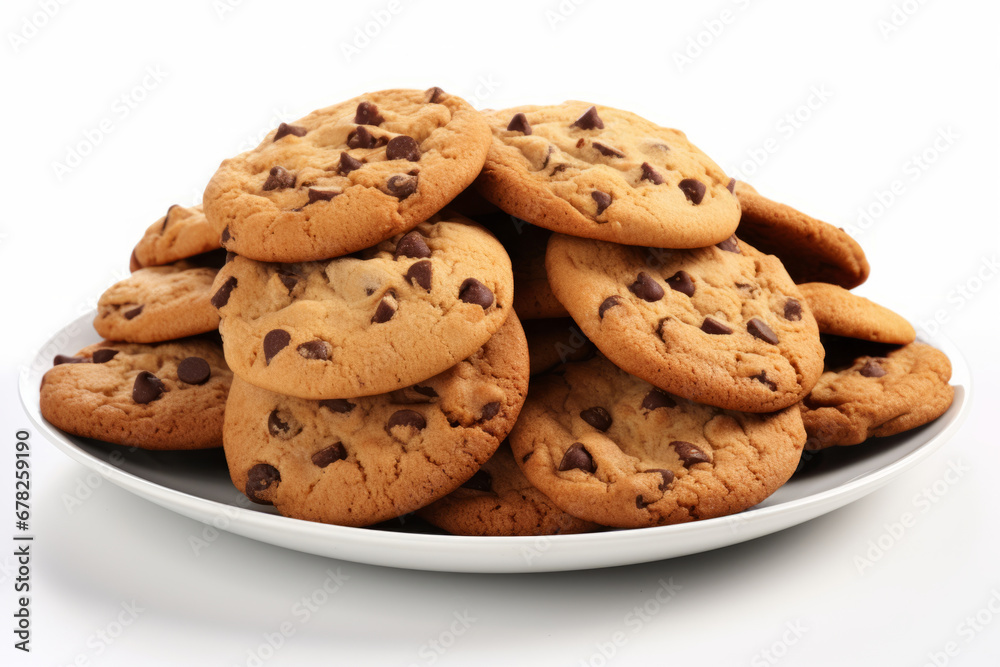 Chocolate chip cookies isolated on white background. Homemade cookies close up. Generative AI Chocolate chip cookies isolated on white background. Homemade cookies close up. Generative AI