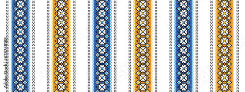 Ukrainian striped print. Vector seamless pattern for textile, fabric, cloth. Traditional folk striped print, ethnic ornament in yellow and blue colors. Pixel art, vyshyvanka, cross stitch