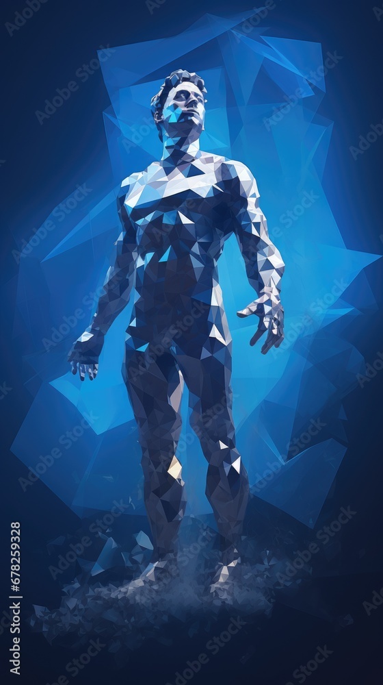 Naklejka premium Low poly man in a digitally transforming blue environment, surrounded by shards of exploding low poly shapes, creating a dynamic scene with a futuristic and digital aesthetic.