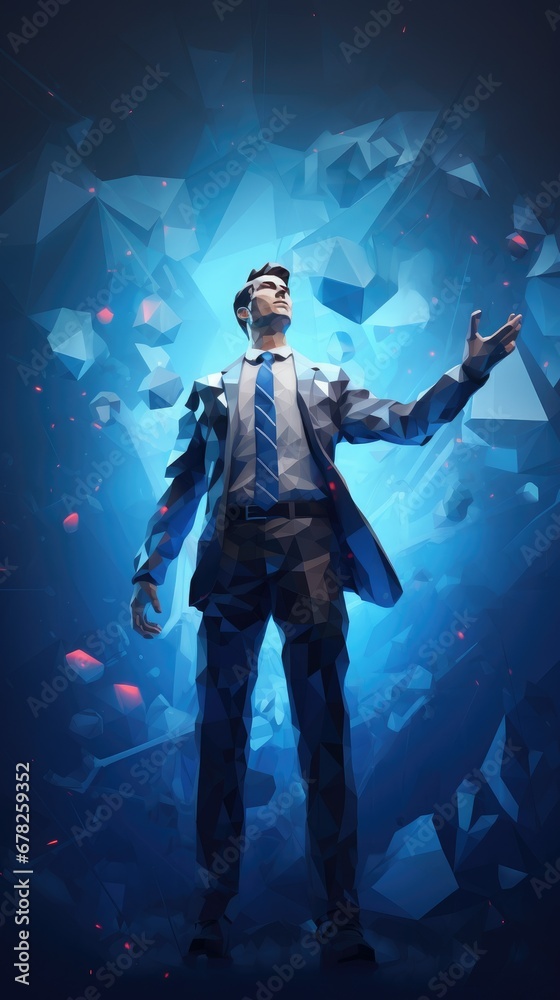 Low poly man in a digitally transforming blue environment, surrounded by shards of exploding low poly shapes, creating a dynamic scene with a futuristic and digital aesthetic. Low poly man in a digitally transforming blue environment, surrounded by shards of exploding low poly shapes, creating a dynamic scene with a futuristic and digital aesthetic.