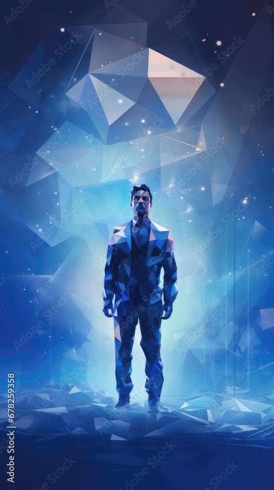 Low poly man in a digitally transforming blue environment, surrounded by shards of exploding low poly shapes, creating a dynamic scene with a futuristic and digital aesthetic. Low poly man in a digitally transforming blue environment, surrounded by shards of exploding low poly shapes, creating a dynamic scene with a futuristic and digital aesthetic.