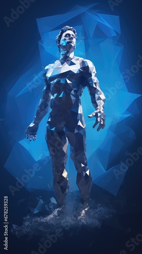 Low poly man in a digitally transforming blue environment, surrounded by shards of exploding low poly shapes, creating a dynamic scene with a futuristic and digital aesthetic.