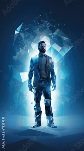 Low poly man in a digitally transforming blue environment, surrounded by shards of exploding low poly shapes, creating a dynamic scene with a futuristic and digital aesthetic. © jackson