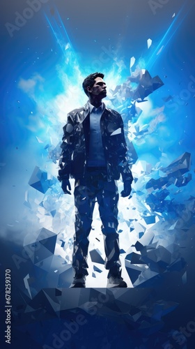 Low poly man in a digitally transforming blue environment, surrounded by shards of exploding low poly shapes, creating a dynamic scene with a futuristic and digital aesthetic.