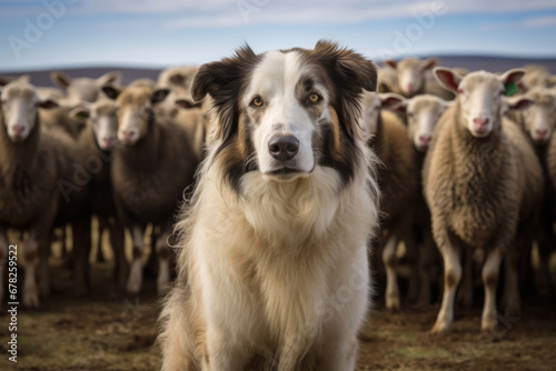 Shepherd dog guarding and leading the sheep flock on a summer day. Generative AI © barmaleeva