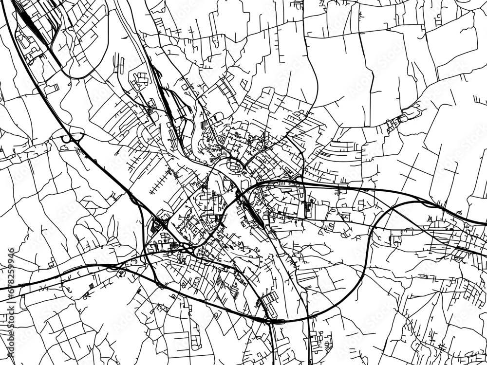Vector road map of the city of Frydek-Mistek in the Czech Republic with black roads on a white background.
