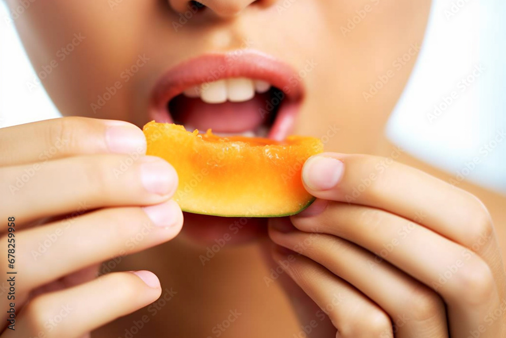 Close-Up of Woman's Lips Savoring Mango Paradise Delight AI generated Close-Up of Woman's Lips Savoring Mango Paradise Delight AI generated