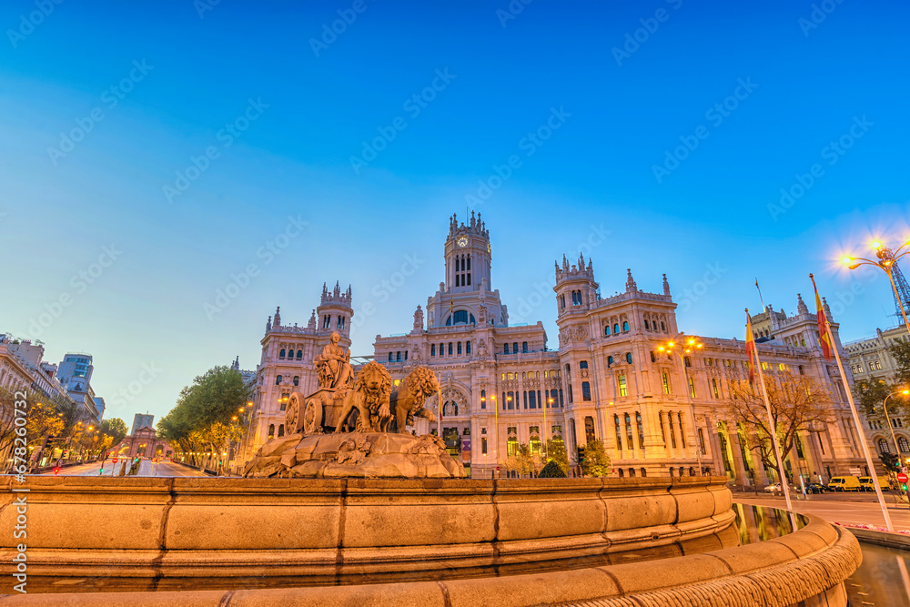 Madrid Spain, sunrise city skyline at Cibeles Fountain Town Square