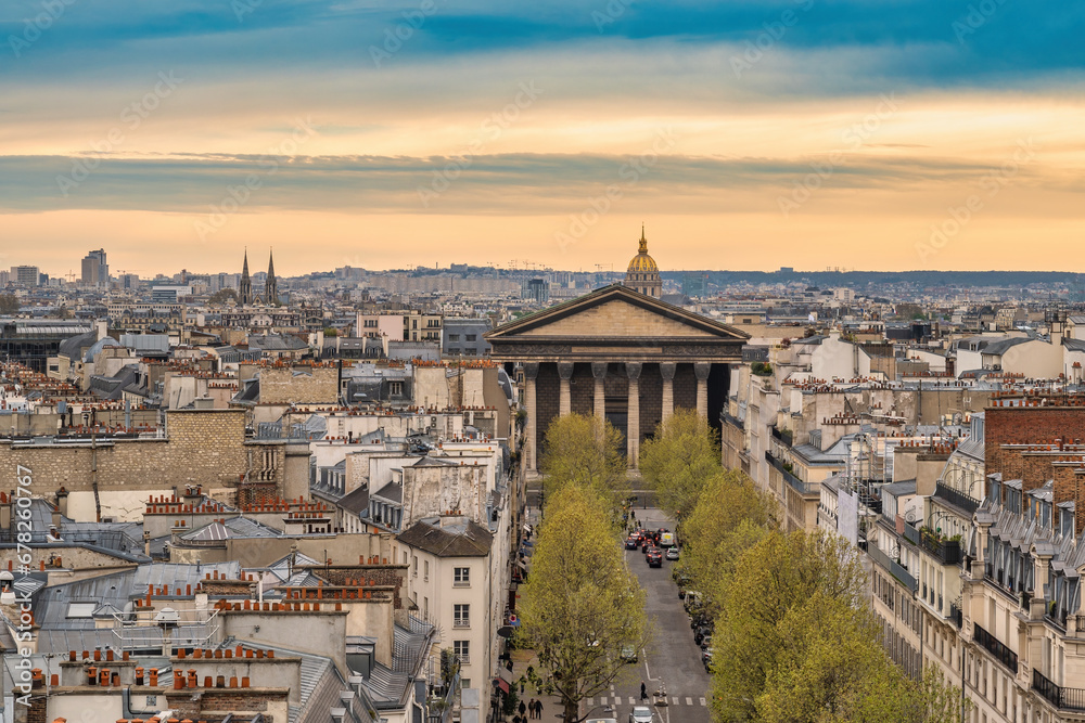 Paris France, high angle view city skyline at Pl. de la Madeleine