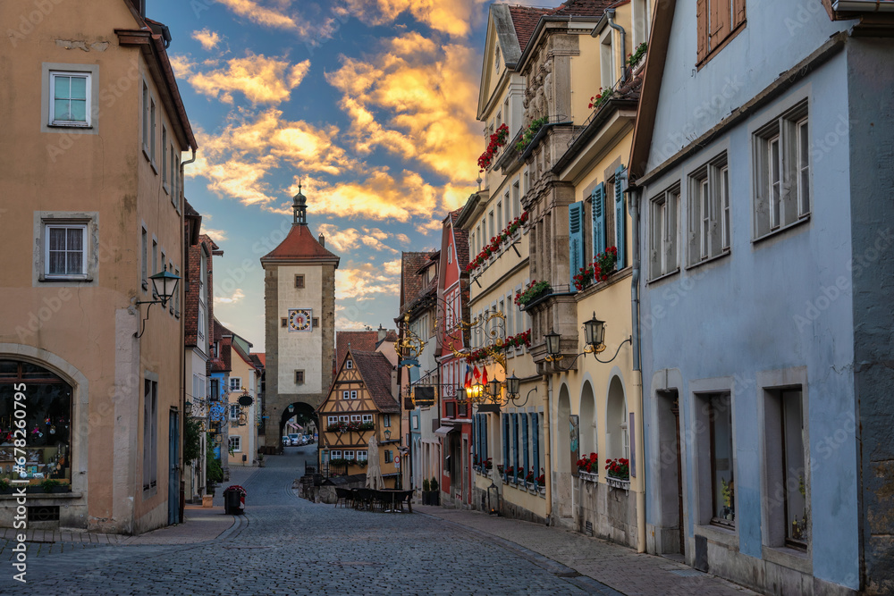 Rothenburg ob der Tauber Germany, sunrise city skyline at Plonlein the Town on Romantic Road of Germany