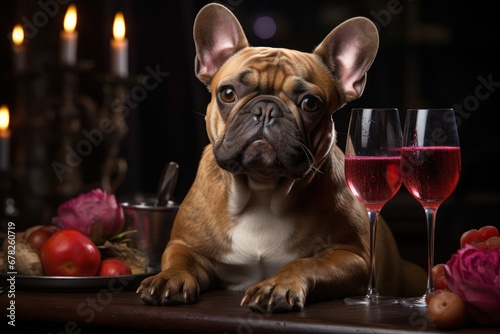 Loyal Companion Enjoying a Gourmet Feast with a Glass of Fine Wine Generative AI © Johnathan