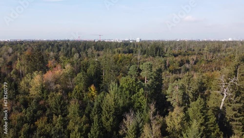 Aerial footage of Forstenrieder Park pine forest. Forest in Bavaria bird view. Alpine forest drone image photo