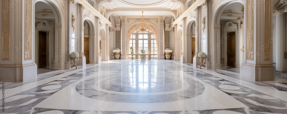 A panoramic view of a grand marble foyer, featuring a vast expanse of white marble flooring that exudes opulence and sophistication.