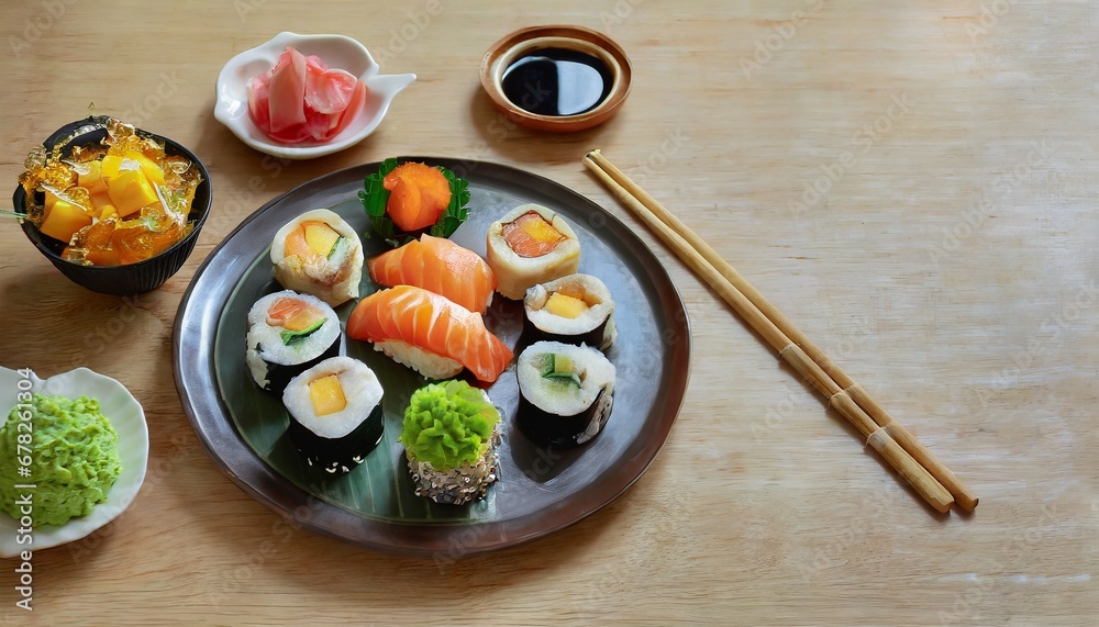 A set of sushi surrounded by side dish, delicious; high quality photo gourmet products for holiday events closeup view on dinning table  natural light; copy space