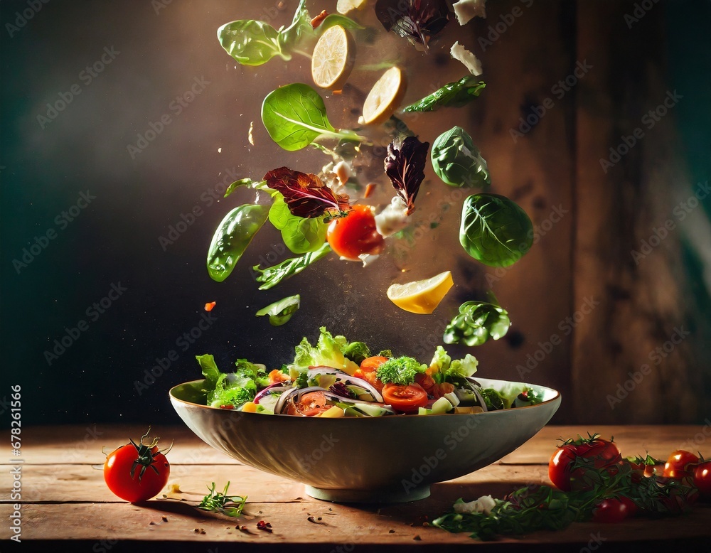 Delicious salad, floating in the air, cinematic, food professional photography, studio lighting, studio background, advertising photography, intricate details Delicious salad, floating in the air, cinematic, food professional photography, studio lighting, studio background, advertising photography, intricate details