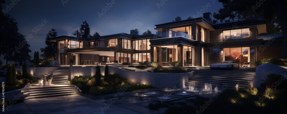 A luxurious, well-designed residence with warm, inviting interior lighting, showcasing its unique architectural features and creating a captivating glow in the darkness of the night.