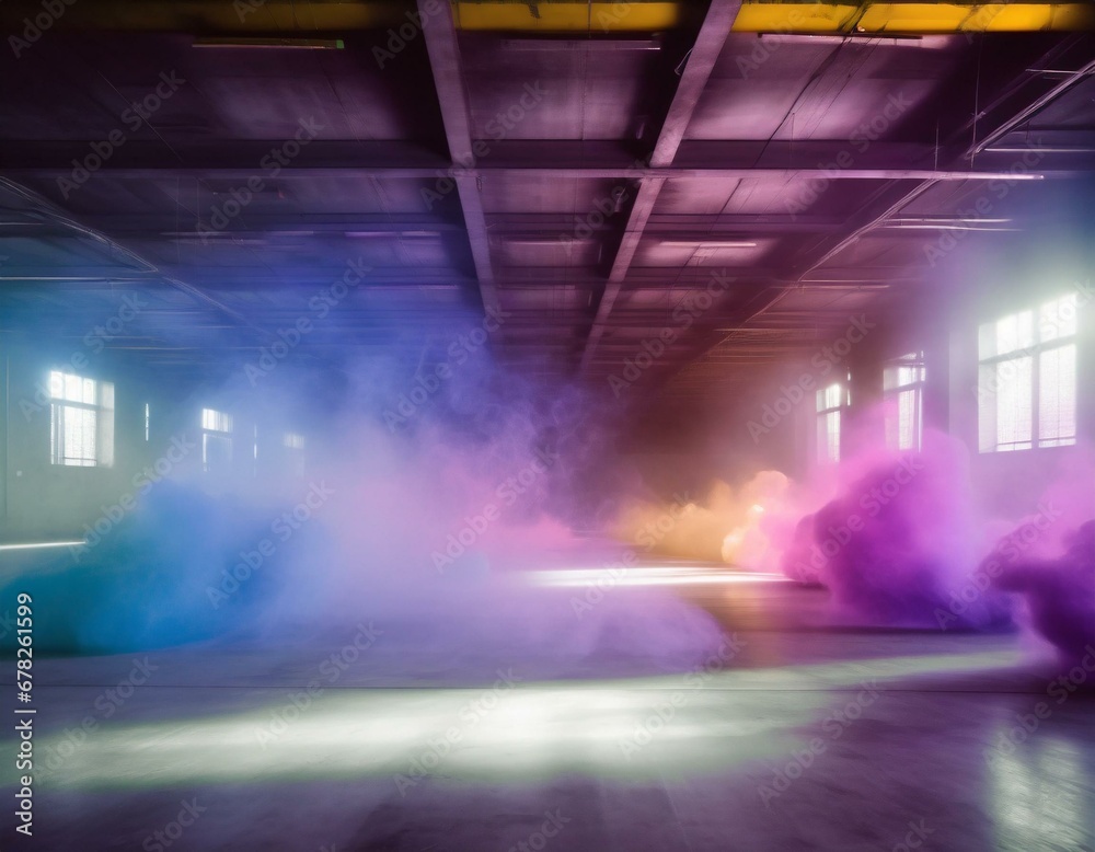 inside empty warehouse, clouds of bright colorful blue purple pink yellow smoke float in air
