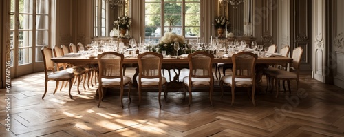 A luxurious dining room with a long wooden table set atop a glossy parquet floor, beautifully set for an upscale dinner gathering.