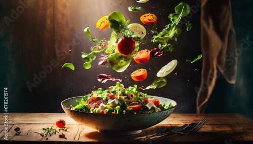 Delicious salad, floating in the air, cinematic, food professional photography, studio lighting, studio background, advertising photography, intricate details