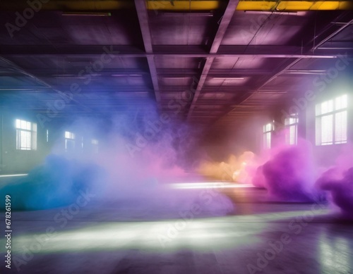 inside empty warehouse  clouds of bright colorful blue purple pink yellow smoke float in air